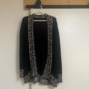 Lucky Brand Black Open-Front Cardigan with Cream Fair Isle Trim